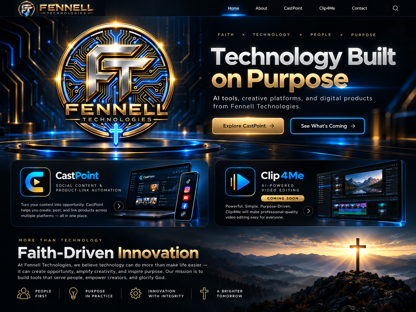 Fennell Technologies futuristic navy and gold homepage: FT emblem, Technology Built on Purpose, CastPoint, Clip4Me, and Faith-Driven Innovation