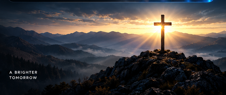A cross illuminated at sunrise over mountain peaks
